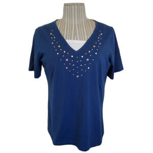 Carroll Reed Blue V-Neck T-Shirt Metallic Detail Large